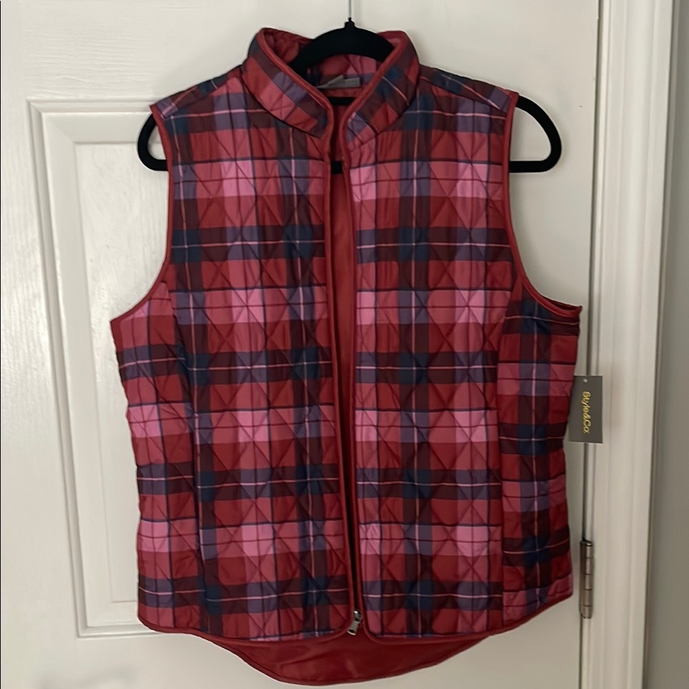Style & Co. Red and Pink Plaid Quilted Vest